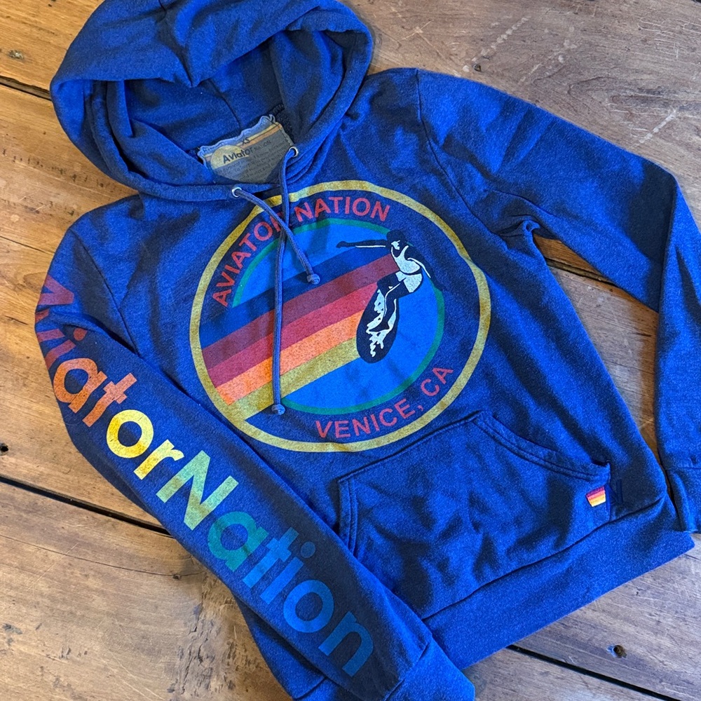 Aviator Nation Navy Blue Hoodie with Multicolor Logo EUC